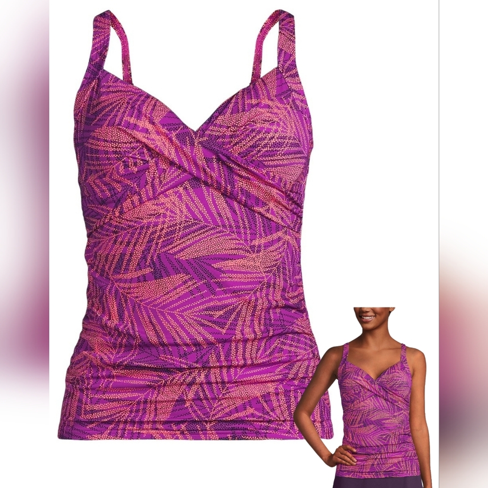 Lands' End Size 10 Underwire Tankini Top Pink Palm Print 2078-X